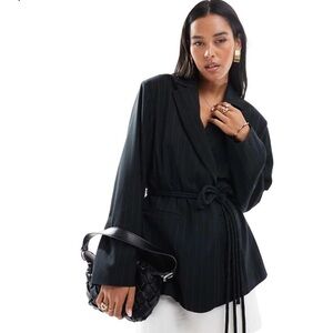 ASOS Black/ dark navy Pinstripe Blazer with Belt